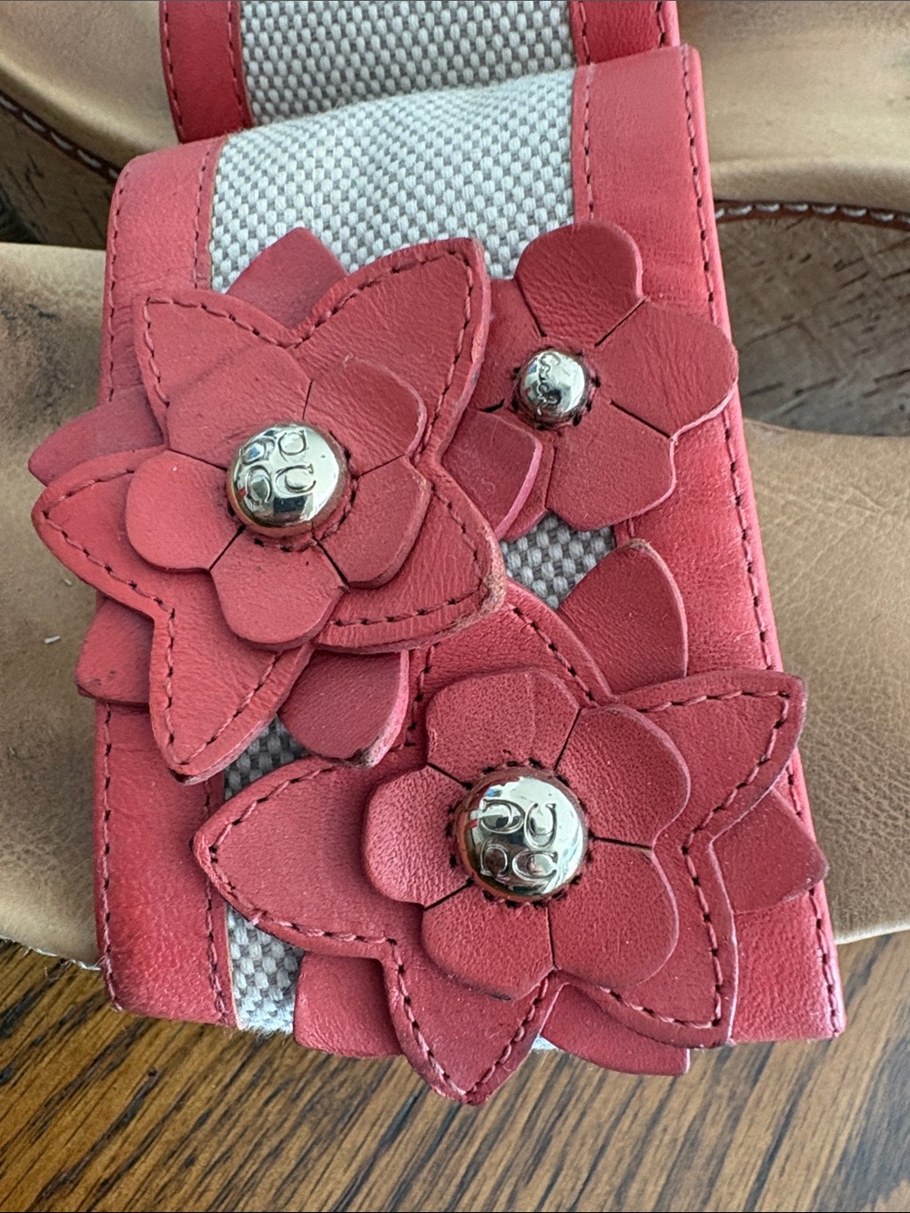 Coach Coral and Cream Cork Platform Wedge Sandals minor wear. - Picture 3 of 4